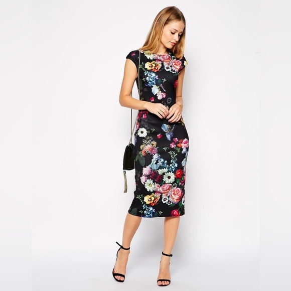 Ted Baker Robyne Oil Painting Floral Cowl Neck Midi Dress Size 1 / US 4 - Picture 3 of 15